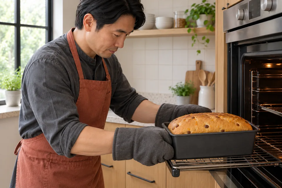 Cook using two oven gloves to support a tin of baked fruit loaf.