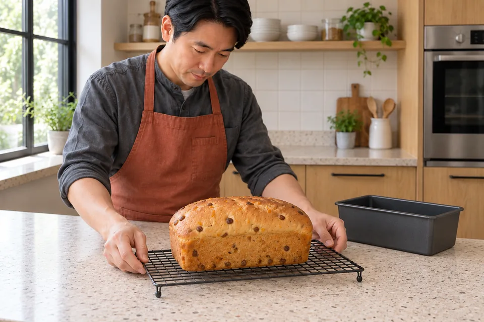 One golden-brown citrus and sultana loaf cooling on a rack.