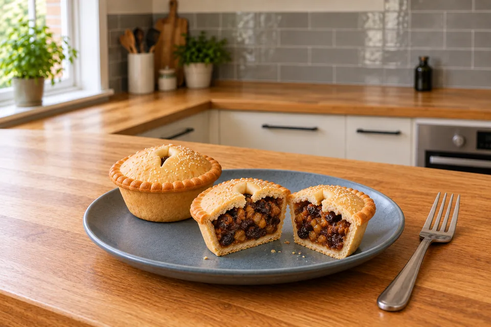 One whole fruit mince pie and the two halves of a second show the thin pastry and dark fruit filling.