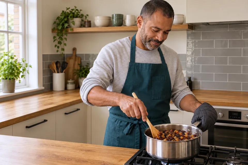 The cook stirs a modest pan of thick glossy apple, mandarin and dried-fruit mince.