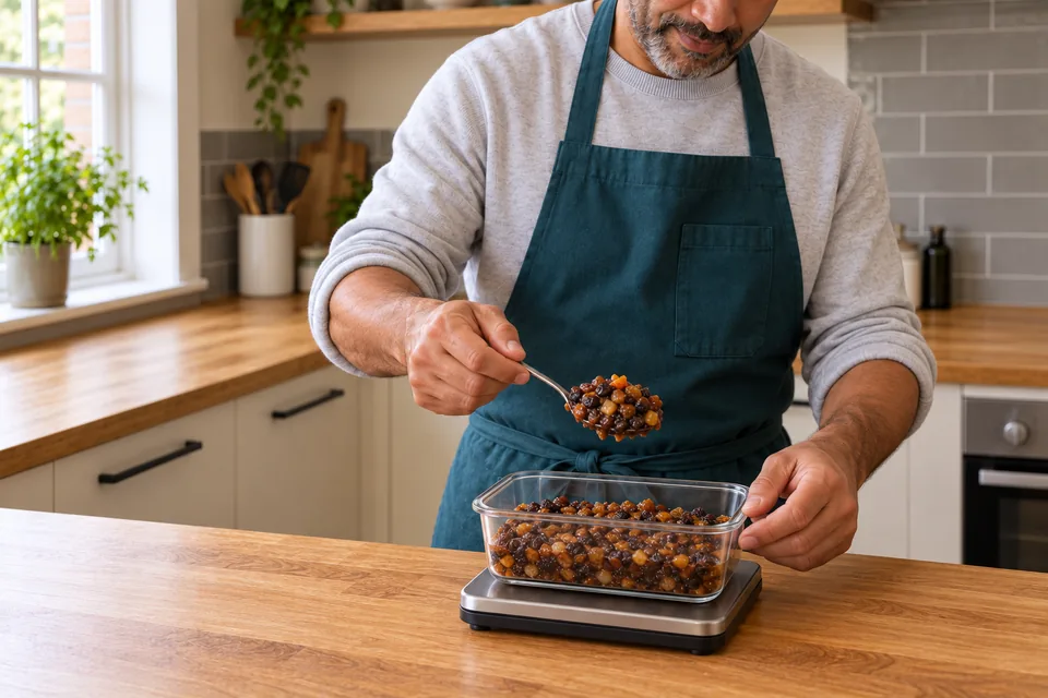 A shallow container of cold fruit mince is weighed for the twelve pies.