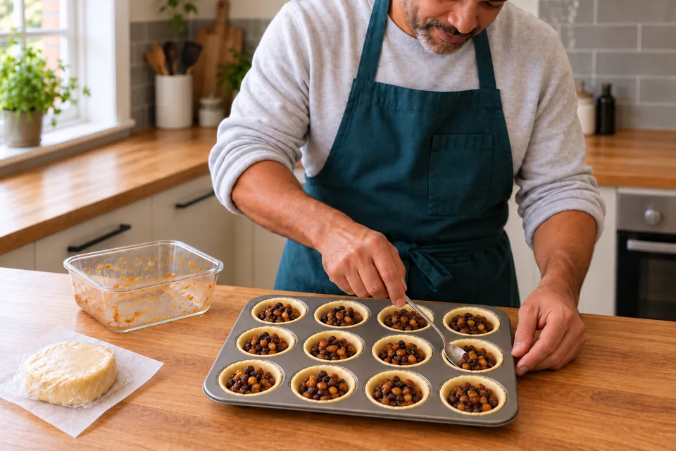 Twelve small pastry cases contain cold fruit mince while the cook finishes the last portion.