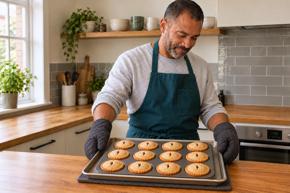Twelve small golden fruit mince pies sit in the supported muffin tin after baking.
