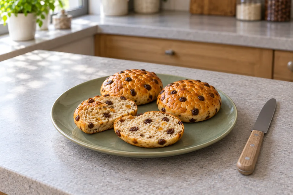 Two whole fruit teacakes and the two cut halves of a third sit on a sage-green plate beside a table knife.