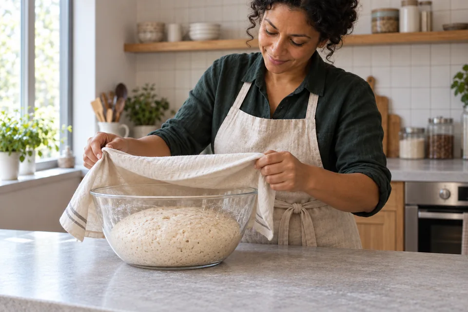 A baker lifts a cream cloth from a glass bowl of risen pale cinnamon dough.