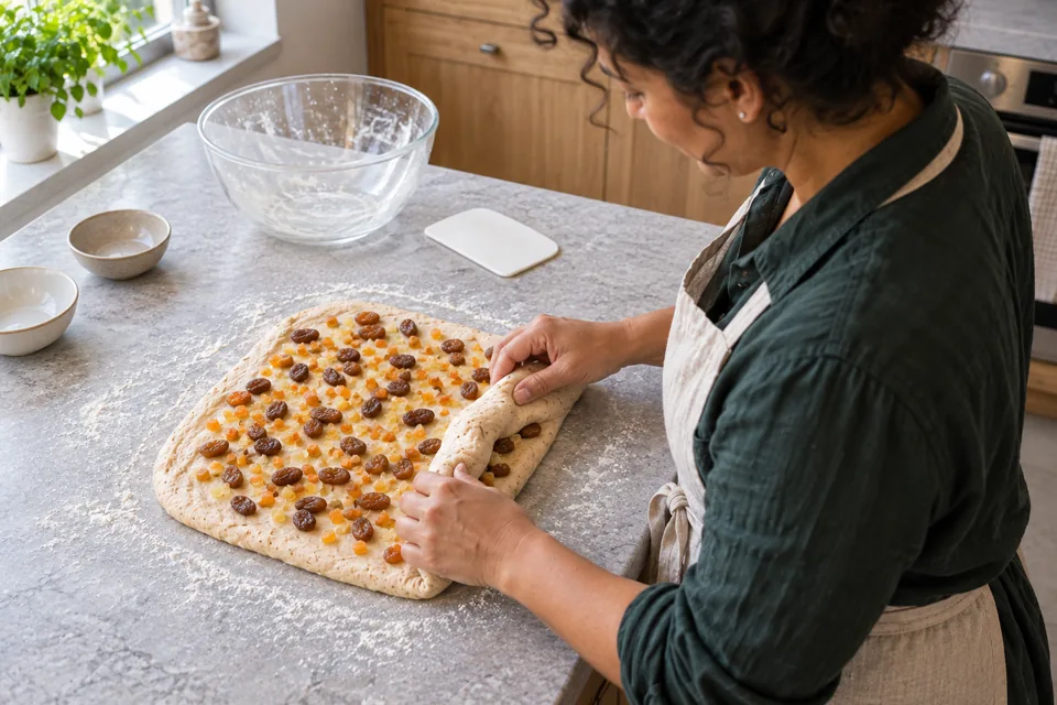 The baker folds the edge of a dough rectangle over scattered sultanas and small pieces of candied peel.