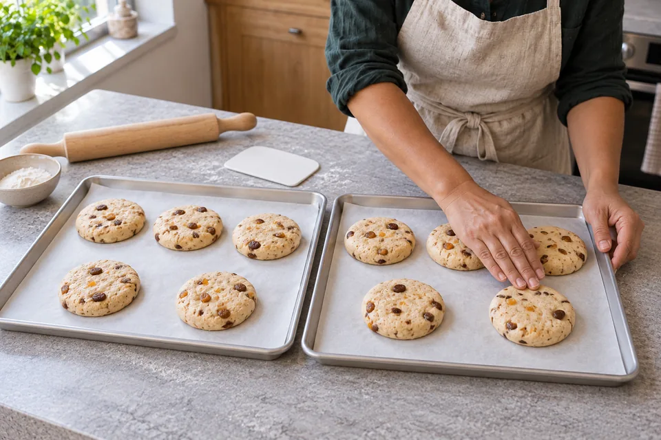 Ten small flattened fruit dough rounds sit on two paper-lined trays, five on each, while the baker finishes shaping one.