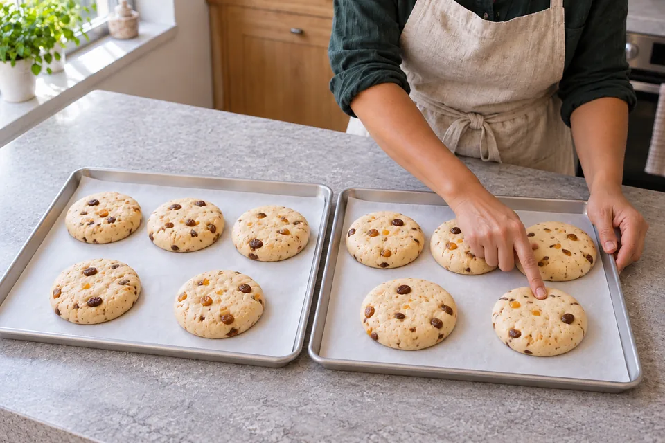 The baker lightly presses one of ten puffy fruit teacakes to check its final rise.