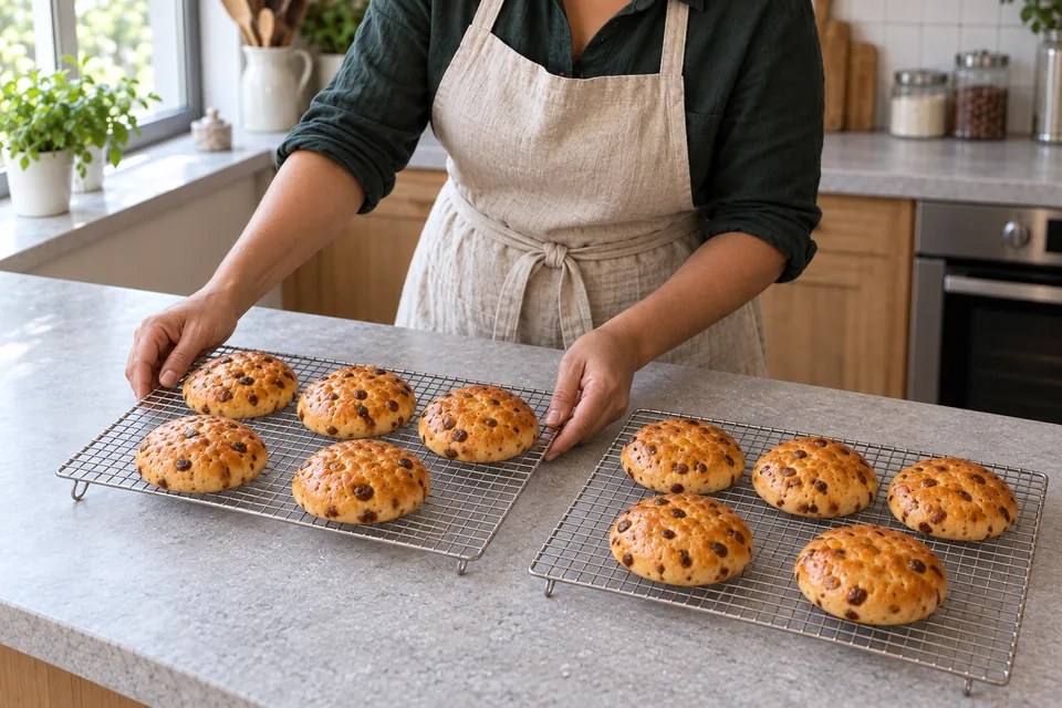 Ten golden fruit teacakes cool on two raised wire racks, five on each.