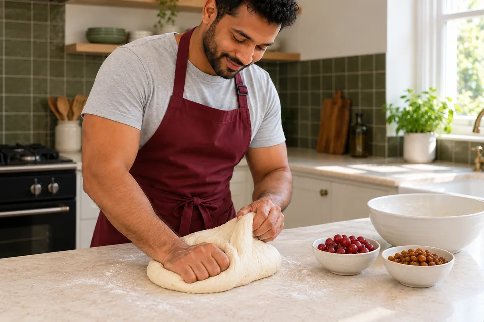 Two hands knead pale dough before the grapes and sultanas are added.