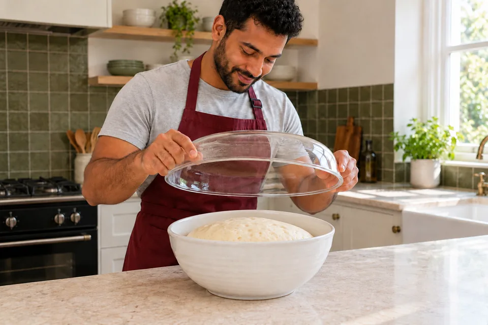 The cook lifts a cover from a risen mound of plain dough.