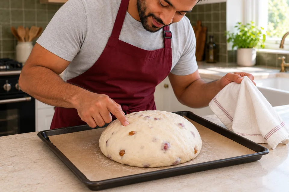 The cook lightly checks the risen round of fruit dough.