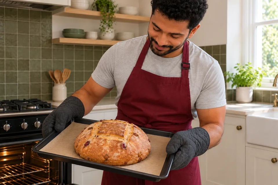 The cook holds one browned fruit loaf with a square score on its tray.