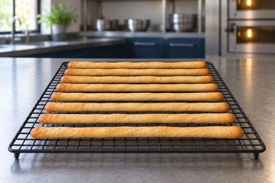 Eight long slender golden grissini arranged in parallel rows on a black wire rack.