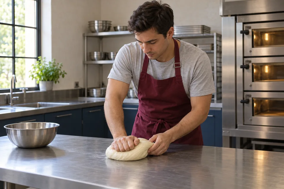 Baker kneads a compact pale olive-oil dough on a steel workbench beside an empty mixing bowl.