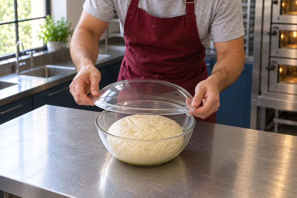 Hands lower a clear cover over a small glass bowl of aerated olive-oil dough.