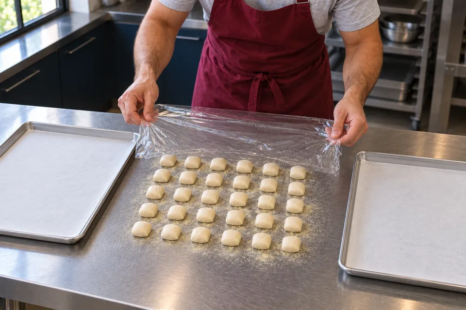 Thirty small dough portions in five rows of six sit on a lightly semolina-dusted bench beside two lined trays.
