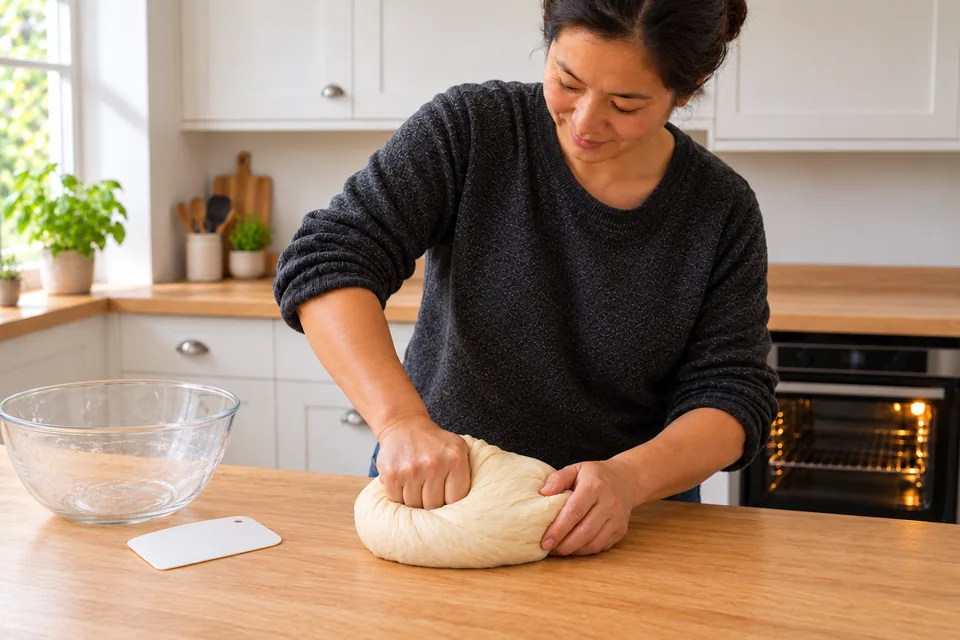 Two hands knead one smooth, plain dough on the oak worktop.