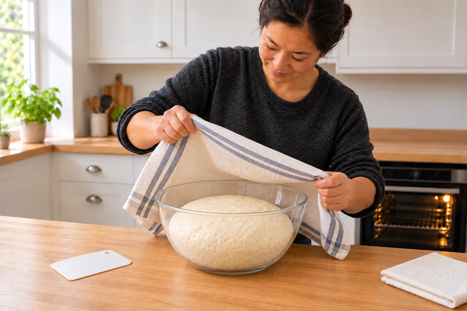 The cook uncovers an airy mound of plain dough in a clear bowl.
