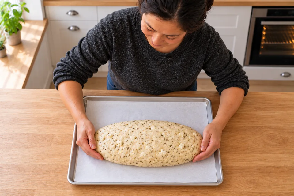 One oval loaf with gently tapered ends rests on a paper-lined tray.
