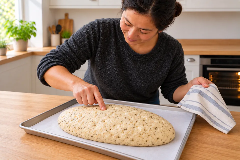 The cook lightly checks the risen oval before scoring.