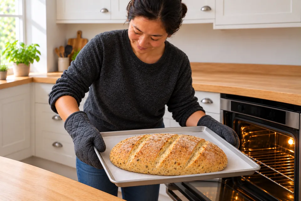 The cook holds one browned oval loaf with three diagonal scores on its tray.