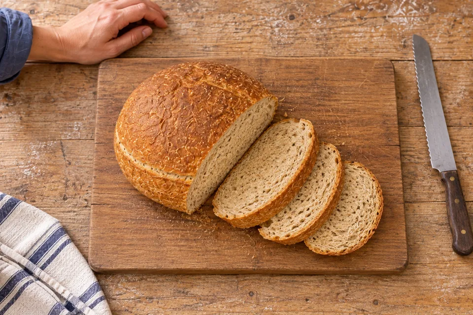 A cut round loaf and three slices show a lightly golden bran-speckled crumb.