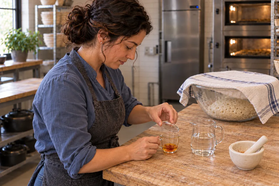 A small saffron infusion rests beside the remaining measured water.