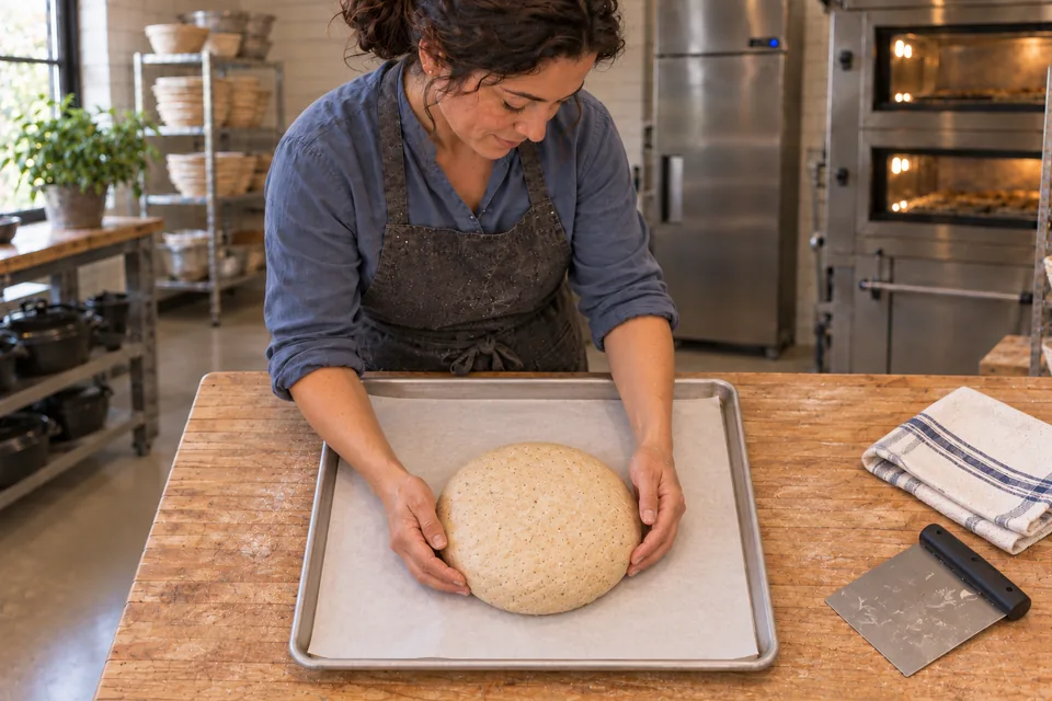 One modest round of dough sits on a lined tray with room to expand.