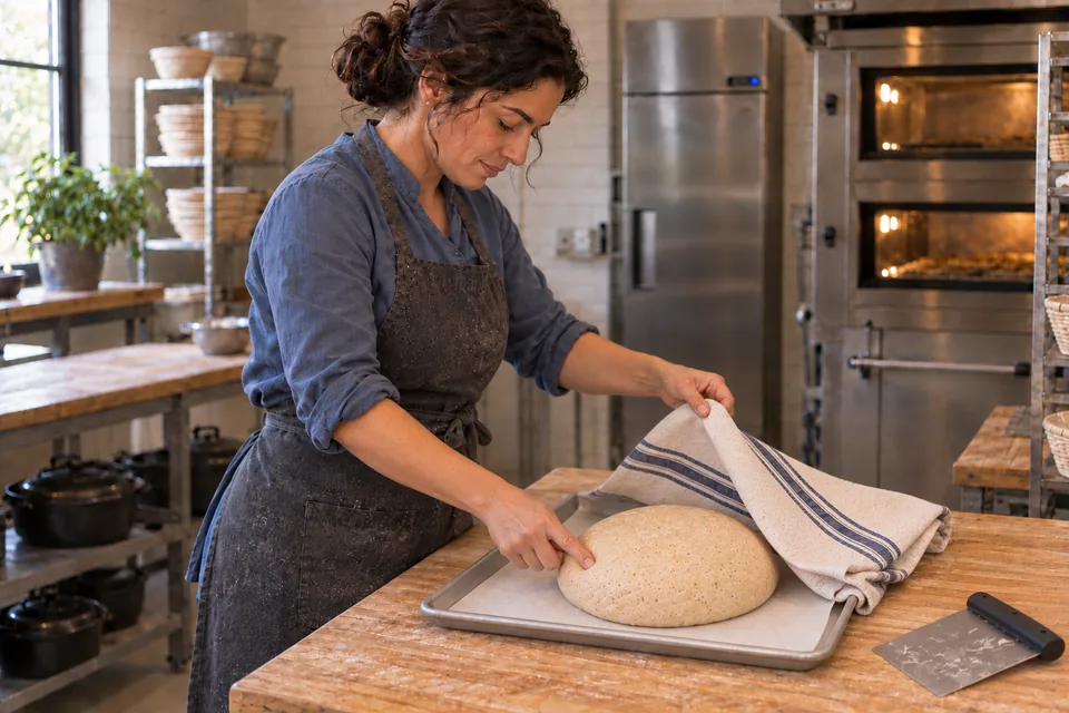 The cook checks the risen round with a fingertip.