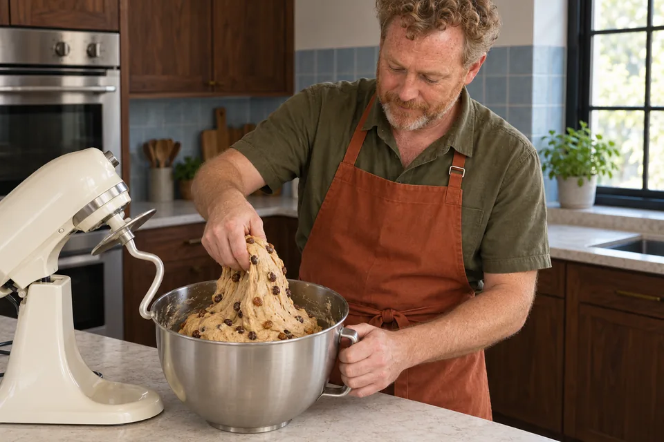 The cook folds a flap of soft tan dough with dried sultanas into a steel mixer bowl.