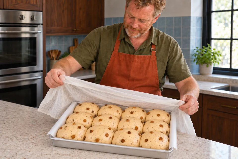 The cook lifts a white cloth above twelve puffy tan fruit buns whose sides now gently touch.