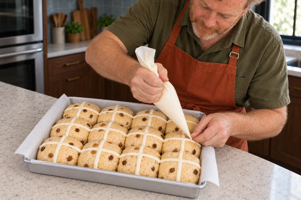 The cook guides a piping bag over twelve proofed fruit buns with narrow pale crosses aligned in rows and columns.