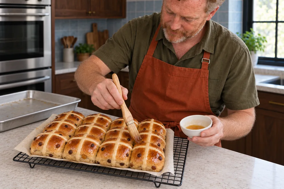 The cook brushes a light amber glaze over twelve joined hot cross buns on a parchment-lined cooling rack.
