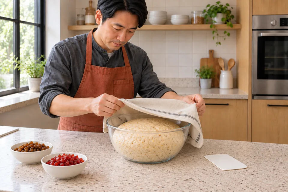 The cook uncovers risen spiced dough before adding the fruit.