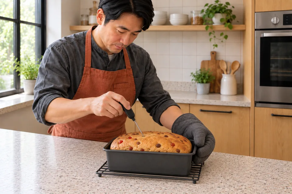 The cook probes the centre of a baked loaf in its hot tin.