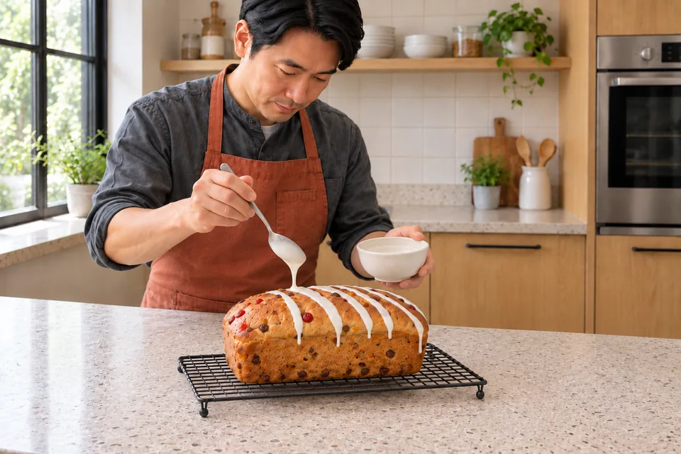 The cook drizzles white water icing over one cooled cherry and sultana loaf.