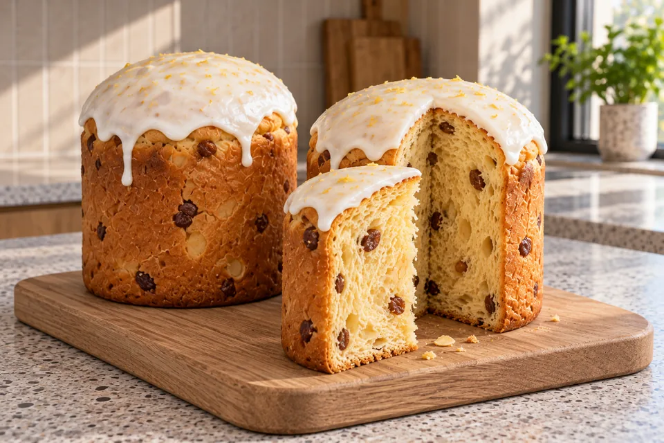 One whole tall iced kulich stands beside a second with one matching wedge removed, showing golden enriched crumb with sultanas and almond flakes.