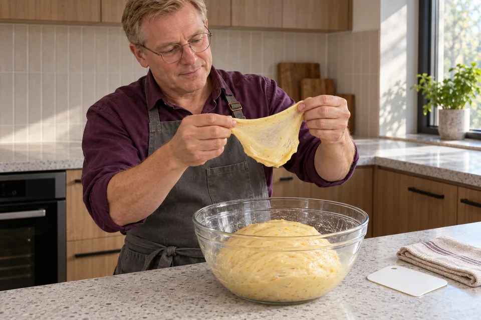 The cook stretches a small thin membrane from the smooth citrus dough above the bowl.