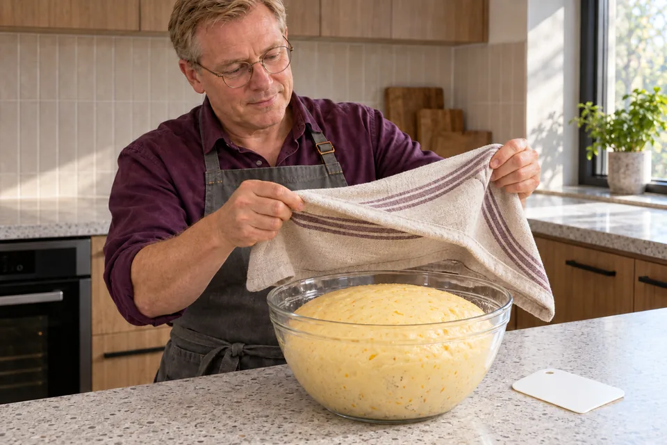 The cook uncovers an airy mound of citrus dough in the clear bowl.