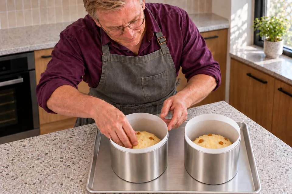The cook settles one low portion of raw fruit and flaked-almond dough in each of two tall paper-lined metal moulds.