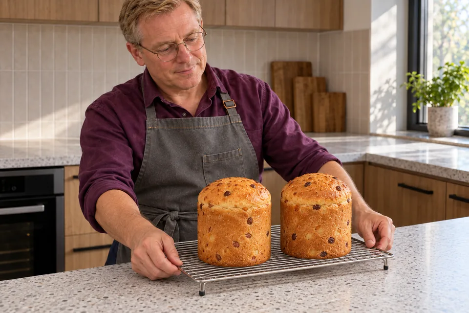 Two whole golden cylindrical kulich stand without moulds or paper on a raised wire rack as the cook adjusts it.