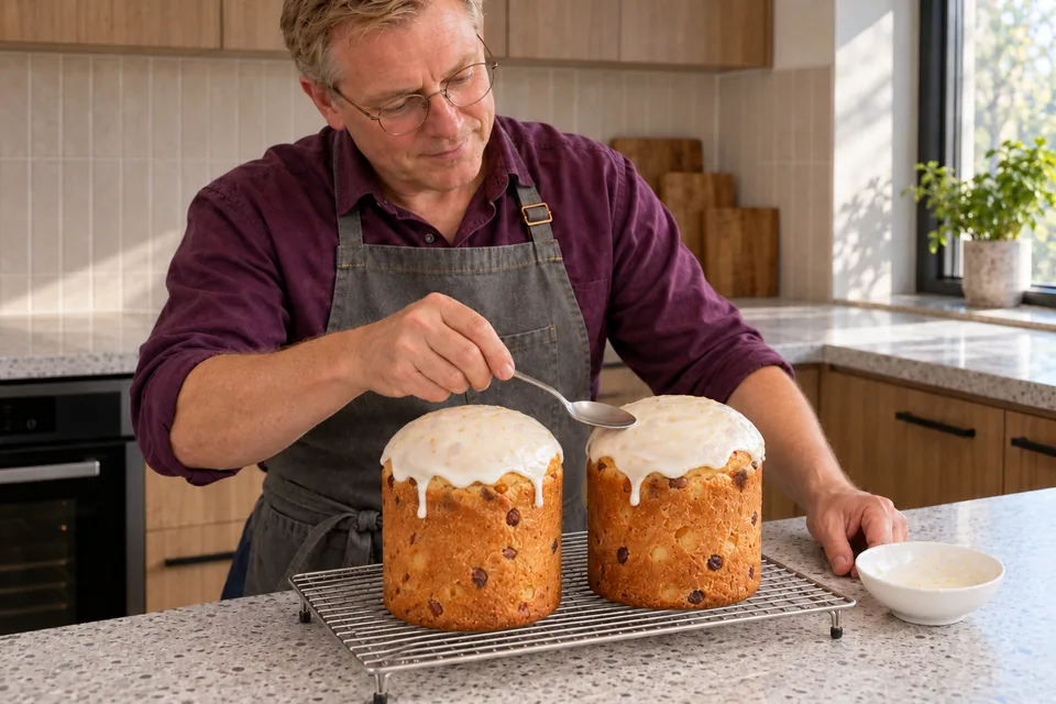 The cook smooths a thin white lemon-zest icing cap on one of two tall kulich, leaving their golden sides exposed.