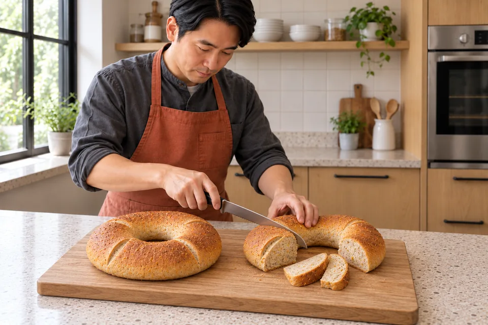 Two small citrus ring breads, one with a small serving wedge cut into two slices, showing a fine zest-flecked crumb.