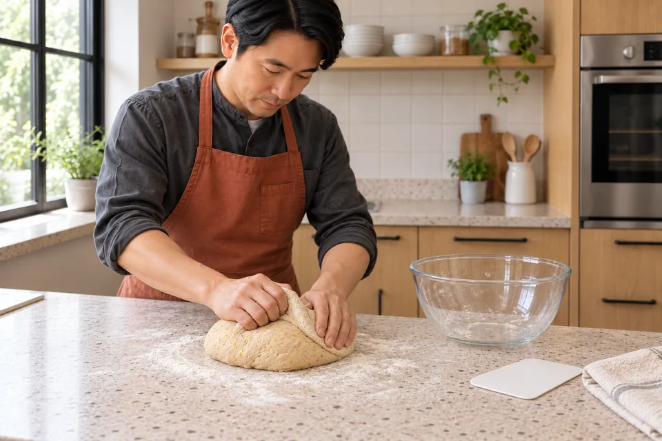 One modest citrus dough batch is kneaded on the worktop.