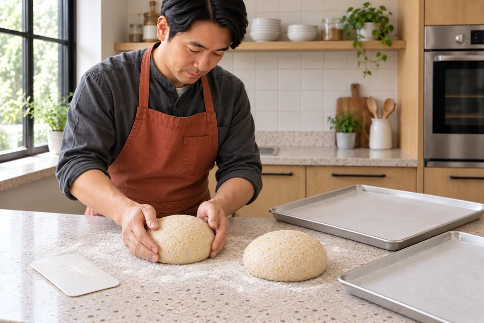 Two equal citrus dough rounds rest beside the lined trays.