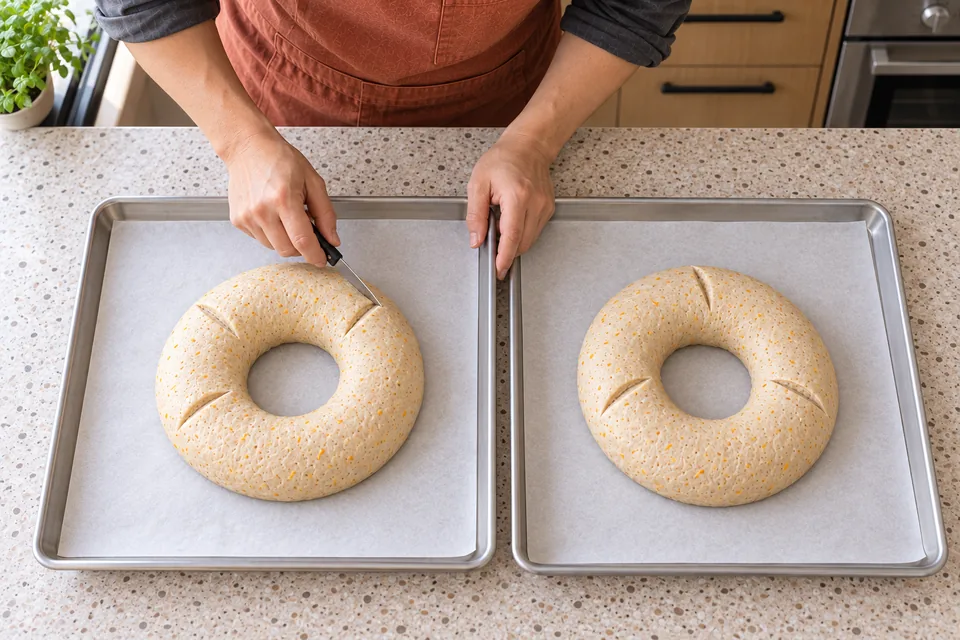 Each of the two small rings has three shallow cuts across its upper curve.