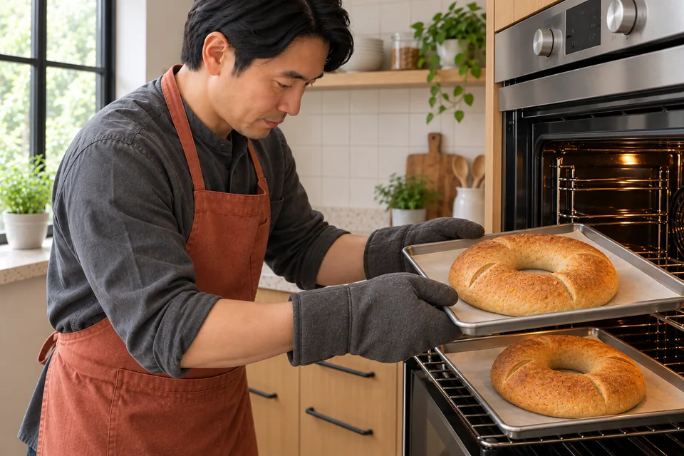 The cook supports one tray of baked ring bread while the second remains on the other oven rack.