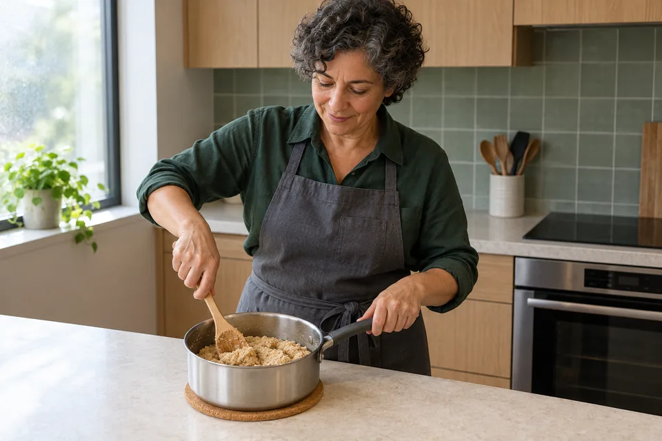 The cook stirs a thick matzo-meal paste in a saucepan away from the hob.