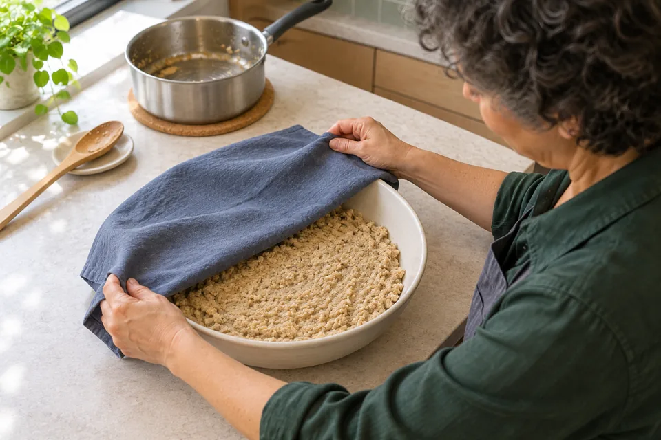 A shallow layer of matzo-meal paste in a wide bowl is being covered.